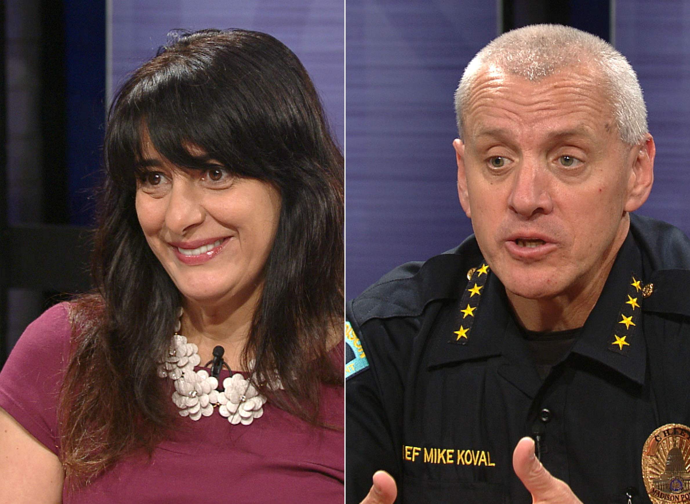 Madison Alder Shiva Bidar-Sielaff (left) and Police Chief Mike Koval (right) speak about police oversight on Wisconsin Public Television's "Here And Now."