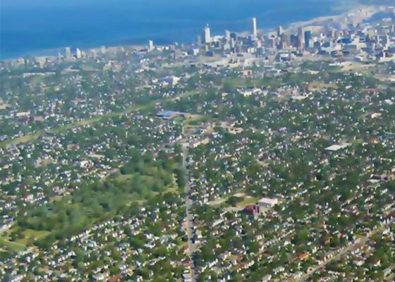 Aerial view of Milwaukee, looking southeast